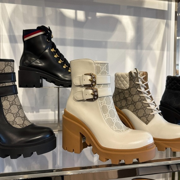 GUCCI Authentic K,GG Supreme Leather Crystal Buckle Platform Ankle  Boots 37/6.5 - Picture 13 of 17